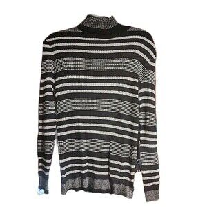 Atkins Women’s Sweater Large Vintage Hong Kong Black White Stripe Long Sleeve